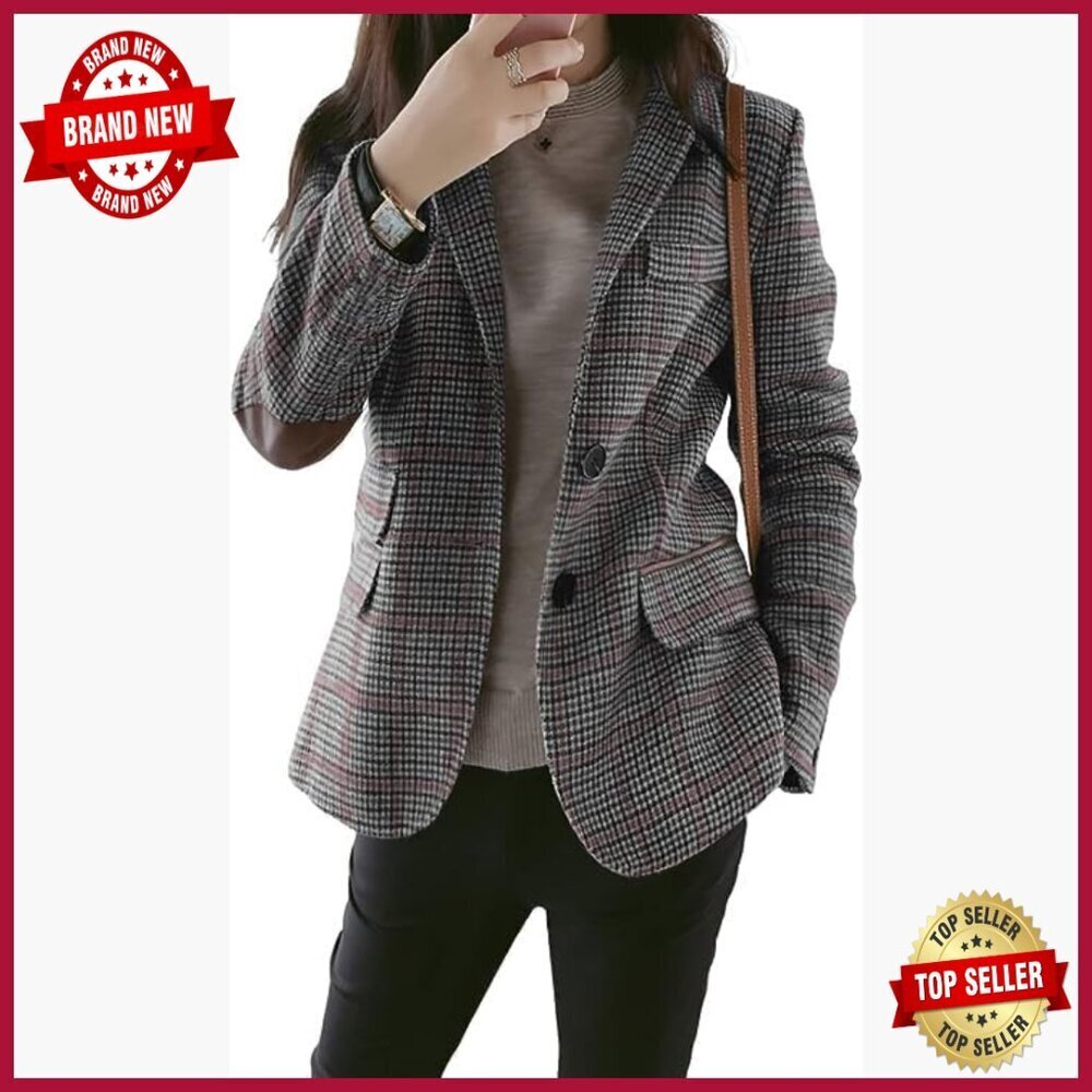 Women's Plaid Lapel Collar 2-Button Business Blazer Jacket Office Work